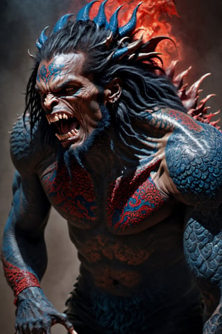 An sexy black african mans arm and shoulder, telephoto lens shot, man is staring at the viewer, raging, long hair, the arm and shoulder are  covered in a very detailed intricate red and blue dragon tattoo that is protruding outfrom the skin, coming alive, its screaming, scratching, similar to dragon tattoo by Boris Vallejo, slowly you see the small dragon tattoo in parts is coming out of the skin and becoming a real version of the tattoo, sticking out, scales, extended claws, 16K, movie still, cinematic, ,omatsuri