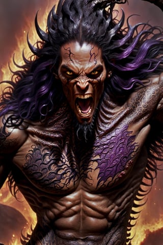 close up of the mans face, a sexy black african mans arm and shoulder, man is staring screaming at the viewer, raging, long hair, the arm and shoulder are covered in a very detailed intricate dark purple and crimson and black dragon tattoo that is protruding outfrom the skin, coming alive, its screaming, scratching, similar to dragon tattoo by Boris Vallejo, slowly you see the small dragon tattoo in parts is coming out of the skin and becoming a real version of the tattoo, sticking out, scales, extended claws, spit, spittle, blood drops, 16K,