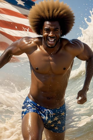 a mid section body shot photograph of a happy African American man, wearing Speedos swimwear, a very large Afro hairstyle, beach seawater running down his body, splashing seawater, very large American flag background, fluid motion, dynamic movement, cinematic lighting, palette knife, brown nipples, digital artwork by Beksinski,action shot,sweetscape, art by Klimt, airbrush art, ,photo r3al,ice and water,close up,Movie Poster