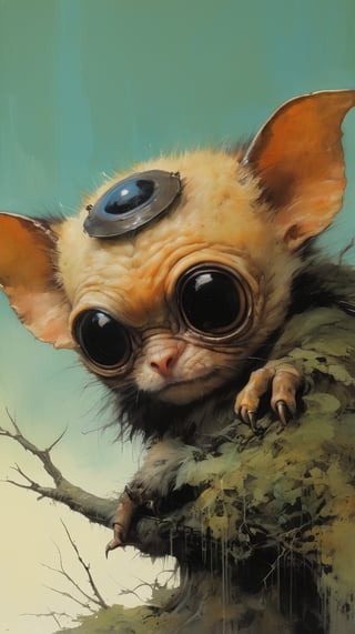 art by ralph steadman, art by brom, art by simon bisley, a masterpiece, ahighly detaikled, a star wars crearure, big boggly eyes, small dark pupil, bat like ears, short fluffy skin and fur, cling to a branch with small black scaley hands, sigma 1000 mm lens, f2.8, eyes in focus, 