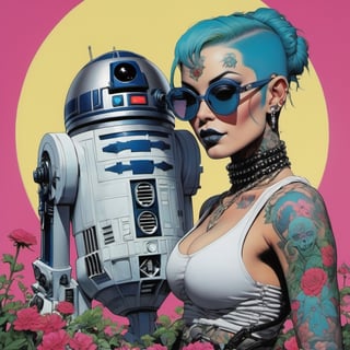 r2d2 , Horror Comics style, art by brom, smiling people, poking tongue at viewer, lennon sunglasses, punk hairdo, tattoo by ed hardy, shaved hair, neck tattoos by andy warhol, heavily muscled, biceps, glam gore, horror, poster style, flower garden, 