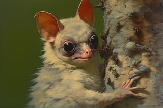 art by ralph steadman, art by brom, art by simon bisley, a masterpiece, ahighly detailed, a creature, big boggly eyes, small dark pupil, bat like ears, short fluffy skin and fur, cling to a branch with small black scaley hands, sigma 1000 mm lens, f2.8, eyes in focus, 
