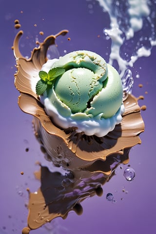 an extreme close up, macro photograph of chocolate chip mint ice cream with lime milk cream, in a stylish modern glass, ice cubes, nuts, mint leaves, splashing milk cream, in a gradient purple background, fluid motion, dynamic movement, cinematic lighting, Mysterious, golden ratio, fake detail, trending pixiv fanbox, acrylic palette knife, style of makoto shinkai studio ghibli genshin impact james gilleard greg rutkowski chiho aoshima,action shot,ice and water, mint water, ,digital artwork by Beksinski
