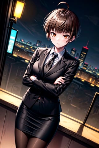 (masterpiece, best quality, detailed), 1girl, solo, outdoors, cyberpunk, city, night, city lights, neon lights, cowboy shot, from above, legs apart, crossed arms, alley, tsunemori akane, pencil skirt, dress shirt, black jacket, pantyhose, black skirt 