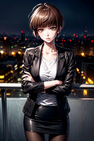 best quality, masterpiece, highres, ultra-detailed, detailed eyes, detailed background, raw photo, BREAK, 1girl, solo, Tsunemori Akane, Psycho-Pass, outdoors, on a balcony, black jacket, white shirt, open jacket, pencil skirt. black skirt, pantyhose, full body, realistic skin, attrative body, detailed clothes, extremely detailed hair, highly detailed eyes and pupils, juicy lips, BREAK, backlighting, face lighting, close view, starring at the viewer, BREAK, attractive posing, crossed arms, perfect anatomy, perfect proportion, perfect human hands, perfect human arm, BREAK, city, night, city lights, alley, neon lights,