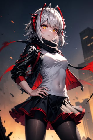 best quality, masterpiece, highres, 1girl, solo, W, Arknight, 1girl, upper body, yellow eyes, short hair, grey hair, demon horns, black jacket, grey shirt, open clothes, pantyhose, medium breasts, black scarf, black skirt, antennae, ahoge, standing in a destroyed city, hand on hip, haughty expressions   flamme, night sky, 