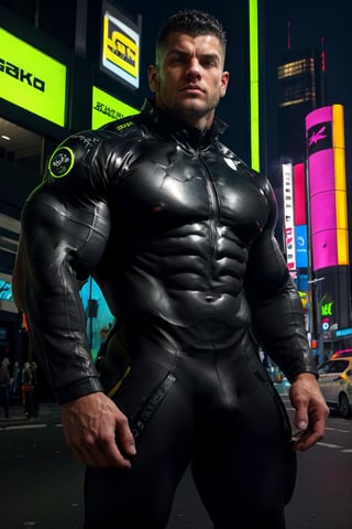 1boy, mature malem black hair, cyberpunk, bodysuit, huge muscles, futuristic city, cowboy_shot,  extremely detailed.
 