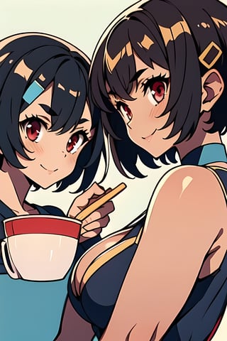2girl, Split left and right, Two people can fit inside a huge cup noodle container that can be used by other people.
Inside the container are chicken soup and cup noodle ingredients,
A park with refreshing autumn sunshine,
BREAK
left side, KANON, short hair, medium brests, yellow one-piece dress,
BREAK
right side, KUON, short hair, black hair, blue inner hair, tsurime, red hairclip, red eyes, thick eyebrows, dark skin, large brests, ,KANON