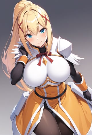 solo, 1girl, smile, looking at viewer, ponytail, x hair ornament, armor, shoulder armor, black bodysuit, black gloves, ksdarkness, armor, orange dress, black pantyhose, white armor breasts, armor plates, wing shoulder pad, (big breasts:1.1)