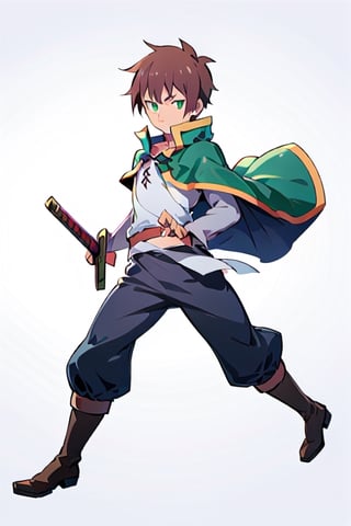 anime, kazuma, brown hair, short hair, white shirt, pants, boots, green eyes, green cape, serious,((buster_sword, sword