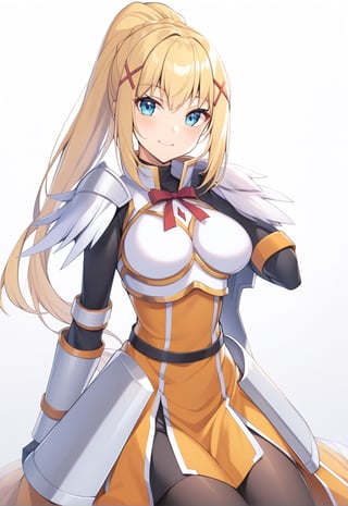 solo, 1girl, smile, looking at viewer, ponytail, x hair ornament, armor, shoulder armor, black bodysuit, black gloves, ksdarkness, armor, orange dress, black pantyhose, white armor breasts, armor plates, wing shoulder pad,