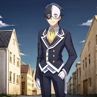 , vanir-liver020, 1boy, solo, (mask:1.1), blue hair, white gloves, formal, suit, jacket, ascot, black and white mask, symbols, yellow ascot, mask on head, town, houses, blue sky, standing