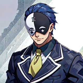 vanir-liver020, 1boy, solo, (mask:1.1), blue hair, white gloves, formal, suit, jacket, ascot, black and white mask, symbols, yellow ascot, mask on head, (upper body:1.2), palace, trone