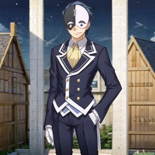 , vanir-liver020, 1boy, solo, (mask:1.1), blue hair, white gloves, formal, suit, jacket, ascot, black and white mask, symbols, yellow ascot, mask on head, town, houses, blue sky, standing