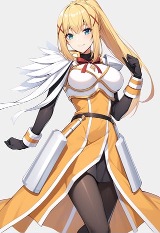 solo, 1girl, smile, looking at viewer, ponytail, x hair ornament, armor, shoulder armor, black bodysuit, black gloves, ksdarkness, armor, orange dress, black pantyhose, white armor breasts, armor plates, wing shoulder pad