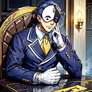 vanir-liver020, 1boy, solo, (mask:1.1), blue hair, white gloves, formal, suit, jacket, ascot, black and white mask, symbols, yellow ascot, mask on head, (upper body:1.2), palace, trone, sitting, gold trone