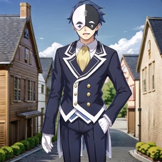 , vanir-liver020, 1boy, solo, (mask:1.1), blue hair, white gloves, formal, suit, jacket, ascot, black and white mask, symbols, yellow ascot, mask on head, town, houses, blue sky, standing