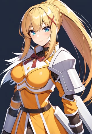 solo, 1girl, smile, looking at viewer, ponytail, x hair ornament, armor, shoulder armor, black bodysuit, black gloves, ksdarkness, armor, orange dress, black pantyhose, white armor breasts, armor plates, wing shoulder pad,