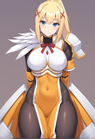 solo, 1girl, smile, looking at viewer, ponytail, x hair ornament, armor, shoulder armor, black bodysuit, black gloves, ksdarkness, armor, orange dress, black pantyhose, white armor breasts, armor plates, wing shoulder pad, NSFW