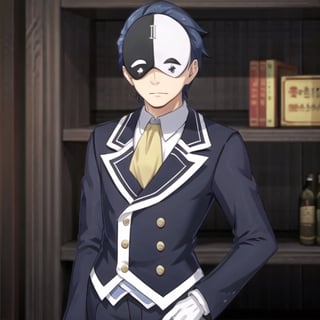 , vanir-liver020, 1boy, solo, (mask:1.1), blue hair, white gloves, formal, suit, jacket, ascot, black and white mask, symbols, yellow ascot, mask on head