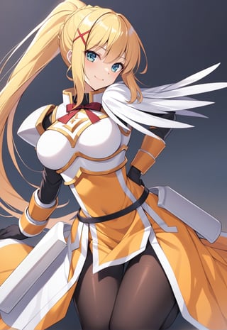 solo, 1girl, smile, looking at viewer, ponytail, x hair ornament, armor, shoulder armor, black bodysuit, black gloves, ksdarkness, armor, orange dress, black pantyhose, white armor breasts, armor plates, wing shoulder pad,