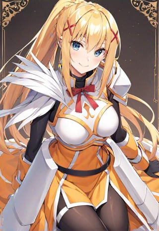 solo, 1girl, smile, looking at viewer, ponytail, x hair ornament, armor, shoulder armor, black bodysuit, black gloves, ksdarkness, armor, orange dress, black pantyhose, white armor breasts, armor plates, wing shoulder pad,