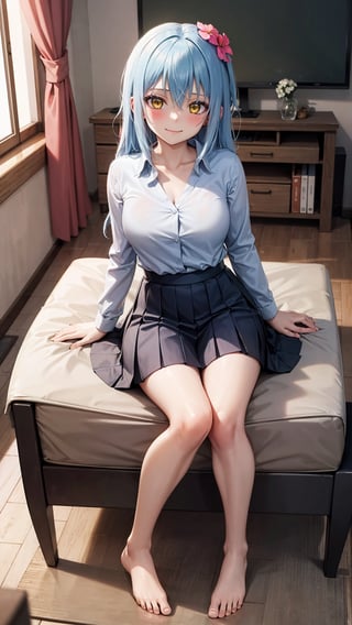 (masterpiece, best quality),ray tracing,absurdres, HDR,1girl,jewelry,, bangs,rimuru tempest,light blue hair,long hair, yellow eyes,breasts,, ,,blush,school_uniform, shirt, pleated skirt, , hair between eyes, hair flower, hair ornament,  looking at viewer, ,red flower, , solo, indoors,in living room,,sitting,,barefoot,,smile,full body, Ankles crossed,legs