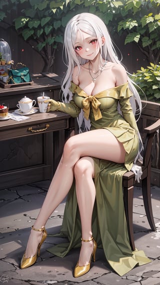 (masterpiece, best quality),ray tracing,absurdres, HDR,1girl,  jewelry,necklace,breasts, red eyes, solo, dress, long hair, looking at viewer, green dress, large breasts, cleavage, blush, bare shoulders,   off-shoulder dress,, white hair, collarbone, closed mouth, squiggle, bow, bangs, yellow bow, off shoulder,elbow gloves,yellow gloves,full body,frilled dress,long dress,high heels,outdoors,smile, outdoor, starbucks,desk,chair, sitting, afternoon tea, dessert,hand up,bag
,Blanc,Blanc Attire