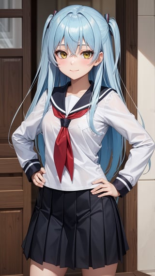 (masterpiece, best quality),ray tracing,absurdres,HDR,1girl,rimuru tempest,blue hair,yellow eyes, long hair, school uniform, skirt, serafuku, sailor collar, v over eye, looking at viewer, pleated skirt, red neckerchief, neckerchief, white shirt, v, long sleeves, shirt, hand on hip, closed mouth, hair between eyes, smile, , one side up, bangs, sailor shirt, solo, black skirt 
