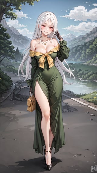 (masterpiece, best quality),ray tracing,absurdres, HDR,1girl,  jewelry,necklace,breasts, red eyes, solo, dress, long hair, looking at viewer, green dress, large breasts, cleavage, blush, bare shoulders,   off-shoulder dress,, white hair, collarbone, closed mouth, squiggle, bow, bangs, yellow bow, off shoulder,elbow gloves,yellow gloves,full body,frilled dress,long dress,high heels,outdoors,smile, mountains, towns, lakes,hand up,bag
,Blanc,Blanc Attire