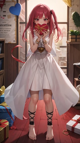 (masterpiece, best quality), ray tracing, absurdres, 1girl, morgiana,solo, barefoot, one side up, red hair, long hair, dress, heart, valentine, box, jewelry, heart-shaped box, gift, full body, looking at viewer, blush, white dress,  
