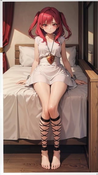 (masterpiece, best quality), ray tracing, absurdres, HDR,1girl,morgiana, solo, barefoot, red hair,red eyes, one side up, dress, cuffs, ankle lace-up, cross-laced footwear, red eyes, lying, jewelry, bed,full body,blush,looking at viewer,bedroom, 
