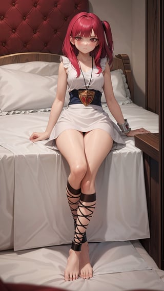 (masterpiece, best quality), ray tracing, absurdres, HDR,1girl,morgiana, solo, barefoot, red hair,red eyes, one side up, dress, cuffs, ankle lace-up, cross-laced footwear, red eyes, lying, jewelry, bed,full body,blush,looking at viewer,bedroom, 
