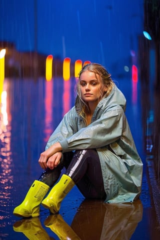 20-year-old blonde girl, sitting in rain, soaked clothes, reflective puddles, city lights in the background, (impressionism:1.5, vibrant colors:1.5)