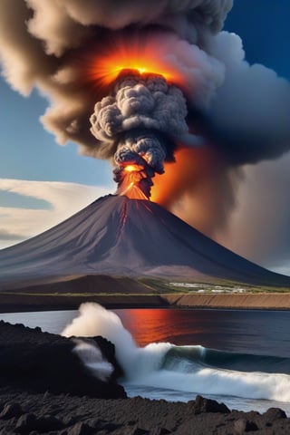 photorealistic image, ((masterpiece, high quality of detail, UHD 8K)), of a volcano in full eruption, making clouds of ash, magma lava and fireballs, on the slope of the volcano a fishing town in evacuation by the sea, camera view from the sea, very sharp image