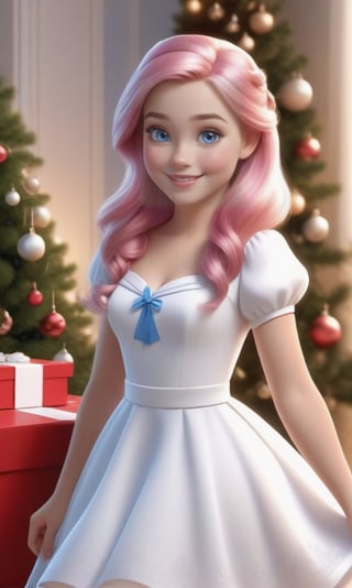 Super realistic 8K UHD image (((Masterpiece))), (((Best quality))), ((ultra definition)), of a beautiful and smiling 3d Disney girl, blue eyes. pink hair. little white dress, opening Christmas presents next to the tree in the living room, 1 excited girl, bright pretty face