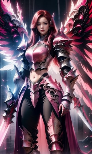 Character design, 1 girl, warrior of Xian, slim body, medium chest, skinny waist, ((long deep red hair)). blue eyes. (((pink fantasy a female knight in a pink full armor))), (((big pauldrons, intricate details))), (((large armor wings))), (((advanced weapon fantasy plasma sword in right hand))), (standing), plain gray background, masterpiece, HD high quality, 8K ultra high definition, ultra definition,