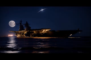 at night, navy fighter aircraft carrier at sea, two planes taking off on the ship's runway, illuminated by the moon, realistic photography, masterpiece, high quality UHD 8K, side_view