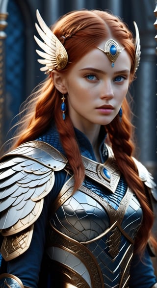 Photorealistic image ((Masterpiece)), ((high quality)) UHD 8K, of a real Viking goddess FREIYA, beautiful, slim, full body, (freckles on face), (long red hair), (blue eyes ), (((Hyper-realistic full armor, with ivory-white metal and intricate details))), (((helmet with large wings))), ((long feather cape)), (in guardian position, in Asgard), Photo realistic, natural lighting, professional DSLR camera,F41Arm0rXL ,F41Arm0r