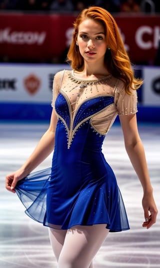 super realistic image, high quality uhd 8K, of 1 girl, detailed realistic ((slim body, high detailed)), (tall model), redhead, long ginger hair, high detailed realistic skin, (ice skating miniskirt dress), in skating championship, real vivid colors,