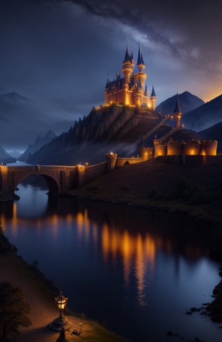 by day, epic fantasy castle, with bridge, torches along the bridge, (((an army of paladins guarding it))), moonlit, realistic photography, masterpiece, high quality UHD 8K