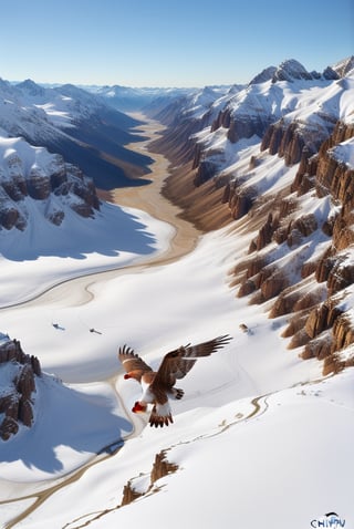 Photorealistic image, ((masterpiece, high quality of detail, UHD 8K)), of a realistic falcon in full flight, large wingspan, white feather color, flying over snowy mountains camera seen from the air, very sharp image