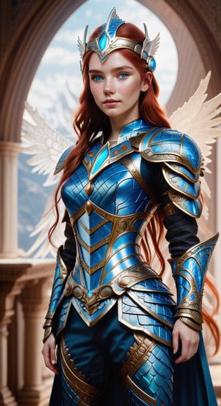 Photorealistic image ((Masterpiece)), ((high quality)) UHD 8K, of a real Viking goddess FREIYA, beautiful, slim, full body, (freckles on face), (long red hair), (blue eyes ), (((Hyper-realistic full armor, with ivory-white metal and intricate details))), (((helmet with large wings))), ((long feather cape)), (in guardian position, in Asgard), Photo realistic, natural lighting, professional DSLR camera,F41Arm0rXL ,F41Arm0r