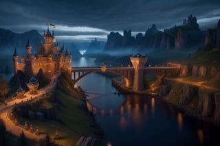 by day, epic fantasy castle, with bridge, torches along the bridge, (((an army of paladins guarding it))), realistic photography, masterpiece, high quality UHD 8K
