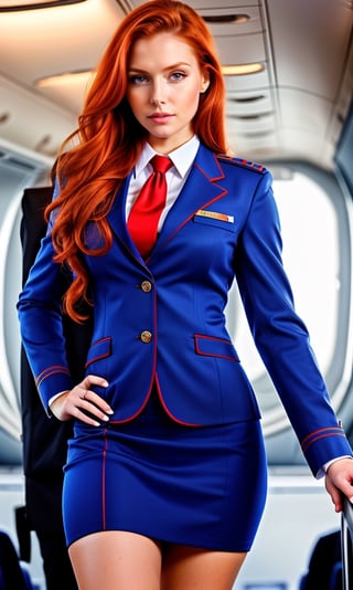 super realistic image, high quality uhd 8K, of 1 girl, detailed realistic ((slim body, high detailed)), (tall model), redhead, long ginger hair, high detailed realistic skin, (flight attendant uniform), real vivid colors, standing