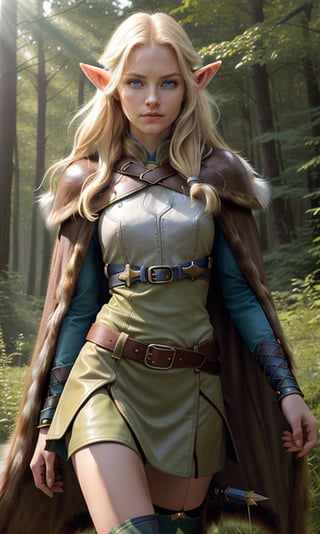Photorealistic image ((Masterpiece)), ((high quality)) UHD 8K, of a beautiful girl, Viking elf warrior, slim, tall, (long elf ears), (medium chest), (skinny waist), (hair long blonde), (deep blue eyes), ((Leather armor with short green skirt and intricate details, Various belts at waist), (Arrow holster at waist), ((fur cape)), (on the forest), Natural lighting, professional DSLR camera,pikkyhighelf,high_elf_archer