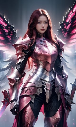 Character design, 1 girl, warrior of Xian, slim body, medium chest, skinny waist, ((long deep red hair)). blue eyes. (((pink fantasy a female knight in a pink full armor))), (((big pauldrons, intricate details))), (((large armor wings))), (((advanced weapon fantasy plasma sword in right hand))), (standing), plain gray background, masterpiece, HD high quality, 8K ultra high definition, ultra definition,