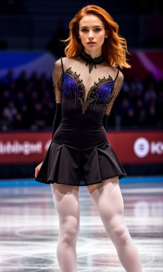 super realistic image, high quality uhd 8K, of 1 girl, detailed realistic ((slim body, high detailed)), skinny waist, (tall model), redhead, long ginger hair, high detailed realistic skin, (ice skating miniskirt dress), in skating championship, real vivid colors,