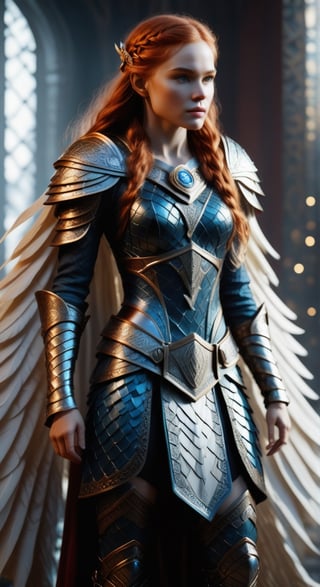 Photorealistic image ((Masterpiece)), ((high quality)) UHD 8K, of a real Viking goddess FREIYA, beautiful, slim, full body, (freckles on face), (long red hair), (blue eyes ), (((Hyper-realistic full armor, with ivory-white metal and intricate details))), (((helmet with large wings))), ((long feather cape)), (in guardian position, in Asgard), Photo realistic, natural lighting, professional DSLR camera,F41Arm0rXL 