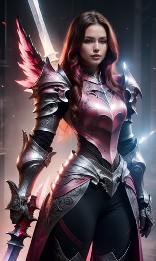 Character design, 1 girl, warrior of Xian, slim body, medium chest, skinny waist, ((long deep red hair)). blue eyes. (((pink fantasy a female knight in a pink full armor))), (((big pauldrons, intricate details))), (((large armor wings))), (((advanced weapon fantasy plasma sword in right hand))), (standing), plain gray background, masterpiece, HD high quality, 8K ultra high definition, ultra definition,